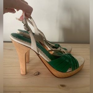 SKY vintage wooden wood green white floral heel high bell strappy sandals 9 40